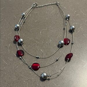Multi-Strand Silvertone Necklace with Deep Red Beads - Women Jewelry